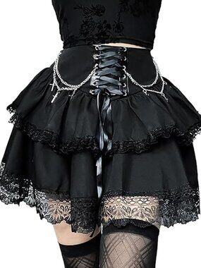 Womens Mini Gothic Skirt Tie Waist Layered Punk Emo Skirts